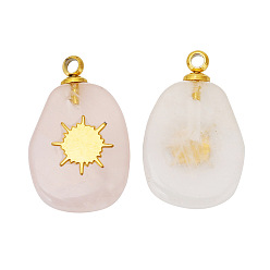 Rose Quartz Natural Rose Quartz Pendants, Oval Charms with Golden Tone Stainless Steel Sun Slice, 17x11mm, Hole: 1.5mm