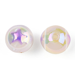 Beige UV Plating Rainbow Iridescent Acrylic Beads, Round with Star, Beige, 16mm, Hole: 2.5mm