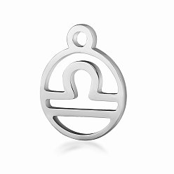 Libra 201 Stainless Steel Charms, Flat Round with Constellation, Stainless Steel Color, Libra, 13.4x10.8x1mm, Hole: 1.5mm