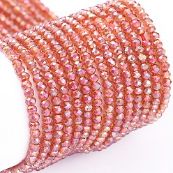 Light Coral Electroplate Glass Beads Strands, Full Rainbow Plated, Faceted, Rondelle, Light Coral, 2x1.5mm, Hole: 0.6mm, about 235~247pcs/Strand, 14.57~14.76 inch(37~37.5cm)