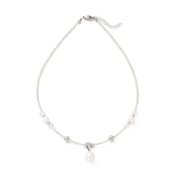 Clear Natural Pearl Pendant Necklace with Glass Beaded Chains, Clear, 16.61 inch(42.2cm)