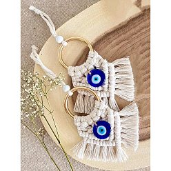 Old Lace Handmade Macrame Cotton Thread with Turkish Glass Evil Eye Wall Hanging Ornament, with Metal Ring, Old Lace, 50mm