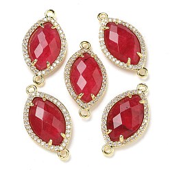 Белый Нефрит Подвески-коннекторы из окрашенного натурального нефрита с огранкой в виде конского глаза, покрытие стойки латунное микропаве прозрачные звенья кубического циркония, золотые, красные, 26.5~27x14x5 мм, отверстие : 1.6 мм