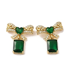 Green Rack Plating Real 18K Gold Plated Brass Bowknot with Rectangle Dangle Stud Earrings, with Cubic Zirconia and Rhinestone, Long-Lasting Plated, Lead Free & Cadmium Free, Green, 20.5x18.5mm
