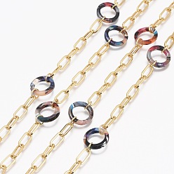Colorful Handmade Brass Paperclip Chains, Drawn Elongated Cable Chains, with Acrylic Quick Link Connector, Soldered, Real 18K Gold Plated, Colorful, Links: 10x5x1mm, Acrylic Ring: 14x2.5mm