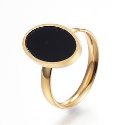 Golden 304 Stainless Steel Finger Rings, with Resin, Oval, Size 6, Golden, 16mm