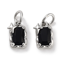 Черный Латунные микро проложить кубического циркония прелести, с целью перехода в кольце, прямоугольник со звездой, платина, чёрные, 9.5x6x3 мм, отверстие : 3 мм