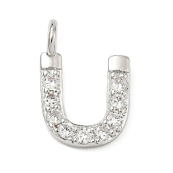Letter U Латунные микропаве прозрачные подвески с фианитом, без кадмия и без свинца, долговечный, стойки покрытие, платина, Буква U, 19x12.5x2.5 мм, отверстие : 2.5 мм