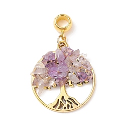 Amethyst Natural Amethyst European Dangle Charms, Large Hole Pendant, with Alloy Findings, Flat Round with Tree of Life, Antique Golden, 39mm, Pendant: 28.5x25x5~7mm, Hole: 4.5mm