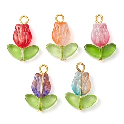 Mixed Color Handmade Lampwork Pendants, with Golden Tone Iron Loops, Tulip Charm, Mixed Color, 21.5x14x4.5mm, Hole: 2.5mm