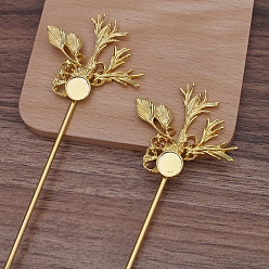 Golden Iron Hair Stick Findings, with Alloy Leaf Findings, Long-Lasting Plated, Golden, 160mm, Round Tray: 10mm