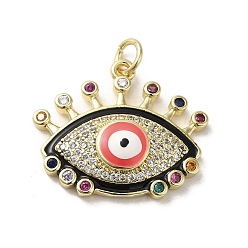 Black Brass Micro Pave Cubic Zirconia Pendants, with Enamel, with Jump Ring, Real 18K Gold Plated, Evil Eye, Black, 20x23x5.3mm, Hole: 3.5mm