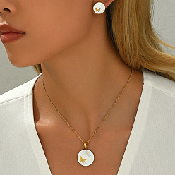 Белый 201 комплект из ожерелья и серег-гвоздиков с круглой подвеской в виде бабочки из нержавеющей стали с паве, белые