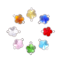 Mixed Color Glass Links connectors, with Eco-Friendly Alloy Open Back Berzel Findings, Flower, Silver Color Plated, Mixed Color, 15.5x12x5mm, Hole: 1.4mm