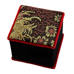 Black Chinoiserie Jewelry Boxes Embroidered Silk Pendant Necklace Boxes for Gifts Wrapping, Square with Flower Pattern, Black, 63x63x55mm