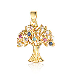 Real 18K Gold Plated Brass Micro Pave Cubic Zirconia Pendants, Tree of Life Charms, Real 18K Gold Plated, 23x21x3.1mm