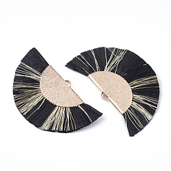 Black Raffia Tassel Pendants, with Metallic Cords & Brass Findings, Fan Shaped, Golden, Black, 27x45x3mm, Hole: 1x3mm