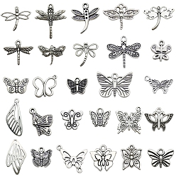 Antique Silver Tibetan Style Alloy Pendants, Butterfly & Dragonfly, Antique Silver, 11~30x7~36mm, 26pcs/bag