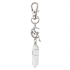 Quartz Crystal Pointed Natural Quartz Crystal Pendant Decorations, with Alloy Pendants and Swivel Lobster Claw Clasps, Fairy and Bullet, 87mm