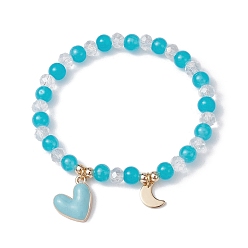 Deep Sky Blue Glass Round Beaded Stretch Bracelets, with Alloy Wing & 304 Stainless Steel Heart Charms, Deep Sky Blue, Inner Diameter: 2-1/8 inch(5.4cm)