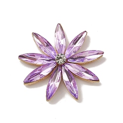 Lilac Alloy Cabochons, with Glass Rhinestone, Ligh Gold, Flower, Lilac, 32x5.5mm