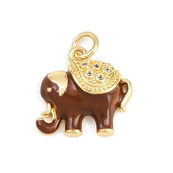 Коричневый Латунные микро проложить кубического циркония подвески, с эмалью, Слон прелести, долговечный, стойки покрытие, без свинца и без кадмия, реальный 18 k позолоченный, коричневые, 15x16.5x5 мм, отверстие : 3.2 мм