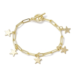 Star Golden 304 Stainless Steel Charm Bracelets with Brass Paperclip Chains, Star, 7-1/2~7-5/8 inch(19.2~19.3cm)
