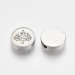 Stainless Steel Color 304 Stainless Steel Beads, with Shell, Flat Round with Tree of Life, Stainless Steel Color, 9.5~10x3mm, Hole: 1.5mm