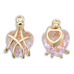 Pink Transparent K9 Glass Pendants, with Light Gold Plated Brass Findings, Cadmium Free & Lead Free, Faceted, Heart, Pink, 16x10x8mm, Hole: 1.2mm