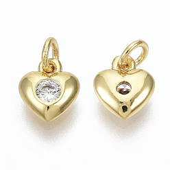 Real 18K Gold Plated Brass Micro Pave Cubic Zirconia Charms, with Jump Ring, Nickel Free, Heart, Clear, Real 18K Gold Plated, 7.5x6.5x2.5mm, Hole: 2mm