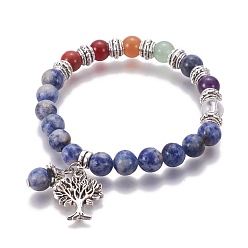Blue Spot Jasper Chakra Jewelry, Natural Blue Spot Jasper Bracelets, with Metal Tree Pendants, 50mm