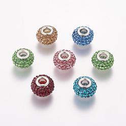 Mixed Color Grade A Rhinestone European Beads, Large Hole Beads, Resin, with Silver Color Brass Core, Rondelle, Mixed Color, 15x10mm, Hole: 5mm