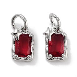 Красный Латунные микро проложить кубического циркония прелести, с целью перехода в кольце, прямоугольник со звездой, платина, красные, 9.5x6x3 мм, отверстие : 3 мм