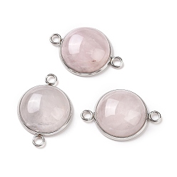 Rose Quartz Natural Rose Quartz Connector Charms, Half Round Links, with Stainless Steel Color Tone 304 Stainless Steel Findings, 18x25.5x7mm, Hole: 2mm