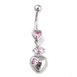 Pink Piercing Jewelry, Brass Cubic Zirciona Navel Ring, Belly Rings, with 304 Stainless Steel Bar, Lead Free & Cadmium Free, Heart, Pink, 41mm, Pendant: 19x10mm, Bar: 14 Gauge(1.6mm), Bar Length: 3/8"(10mm)