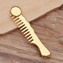 Golden Brass Comb with Flat Round Cabochon Settings, Steel Alligator Hair Clips, Vintage Decorative Hair Accessories Findings, Golden, 60x13mm, Tray: 12mm