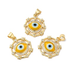 Gold Handmade Evil Eye Lampwork Pendants, with Brass Cubic Zirconia Finding, Cadmium Free & Lead Free, Real 18K Gold Plated, Flat Round Charm, Gold, 20.5x17.5x3.3mm, Hole: 3x4.3mm