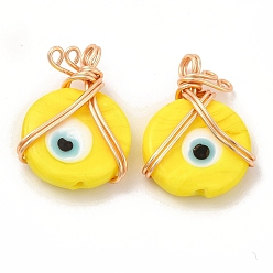 Yellow Wire Wrapped Handmade Lampwork Pendants, with Copper Findings, Real 18K Gold Plated, Long-Lasting Plated, Flat Round with Evil Eye, Yellow, 25x18x7mm, Hole: 2.9mm