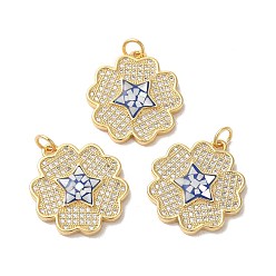 Озёрно--синий Стойки обшивки латунь кубического циркония подвески, с эмалью и ракушкой, долговечный, без свинца и без кадмия, реальный 18 k позолоченный, с прыжковых колец, звезда, Плут синий, 22x20x3 мм, отверстие : 3 мм
