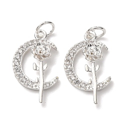 Серебро Латунные микропаве прозрачные подвески с фианитом, подвески луна и роза, с целью перехода в кольце, стойки покрытие, долговечный, без свинца и без кадмия, серебряные, 19.5x11x3 мм, отверстие : 3.5 мм