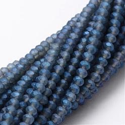 Marine Blue Full Rainbow Plated Faceted Rondelle Glass Bead Strands, Frosted, Marine Blue, 4~4.5x3~3.5mm, Hole: 0.8mm, about 150pcs/strand, 15.1 inch