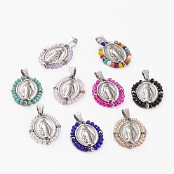 Mixed Color 316 Surgical Stainless Steel Pendants, with Glass Beads, Oval with Virgin Mary, Stainless Steel Color, Mixed Color, 30x24x4mm, Hole: 8x4.5mm