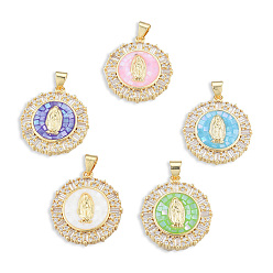 Mixed Color Brass Micro Pave Clear Cubic Zirconia Pendants, with Enamel and Shell, Real 18K Gold Plated, Nickel Free, Flat Round with Virgin Mary, Mixed Color, 23.5x21x4mm, Hole: 3x4mm