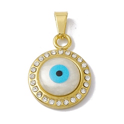 Golden Vacuum Plating 304 Stainless Steel Pendants, with Crystal Rhinestone and Resin Shell, Flat Round with Evil Eye, Golden, 23.5x18x5.5mm, Hole: 6.5x3mm
