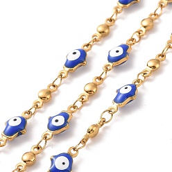 Blue Enamel Hamsa Hand with Evil Eye Link Chains, with Ion Plating(IP) 304 Stainless Steel Findings, Golden, Unwelded, with Spool, Blue, 11.5x5.5x3mm, 8x3x2mm