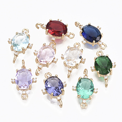 Mixed Color Glass Links connectors, with Brass Micro Pave Cubic Zirconia, Faceted, Oval, Light Gold, Mixed Color, 19.5x12x5.5mm, Hole: 1.2mm