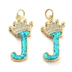 Letter J Латунные микропаве прозрачные подвески с фианитом, с синтетическим опалом, реальный 18 k позолоченный, с целью перехода в кольце, буква J, 26.5~33x14~23.5x3.5~4.5 мм, отверстие : 4.5 мм