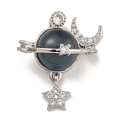 Черный Латунные микро проложить кубического циркония подвески, cmолой, долговечный, платина, планета, луна и звезда, чёрные, 25x22x14 мм, отверстие : 4x2 мм