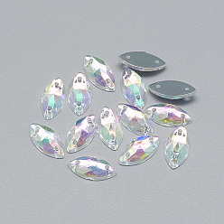 Clear AB Sew on Rhinestone, Transparent Acrylic Rhinestone, Two Holes, Garment Accessories, AB Color Plated, Faceted, Horse Eye, Clear AB, 12x6x3mm, Hole: 0.8~1mm