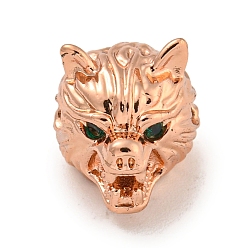 Розовое Золото Латунные микропаве темно-зеленые бусины с фианитом, волк, розовое золото , 11x11x14 мм, отверстие : 2 мм